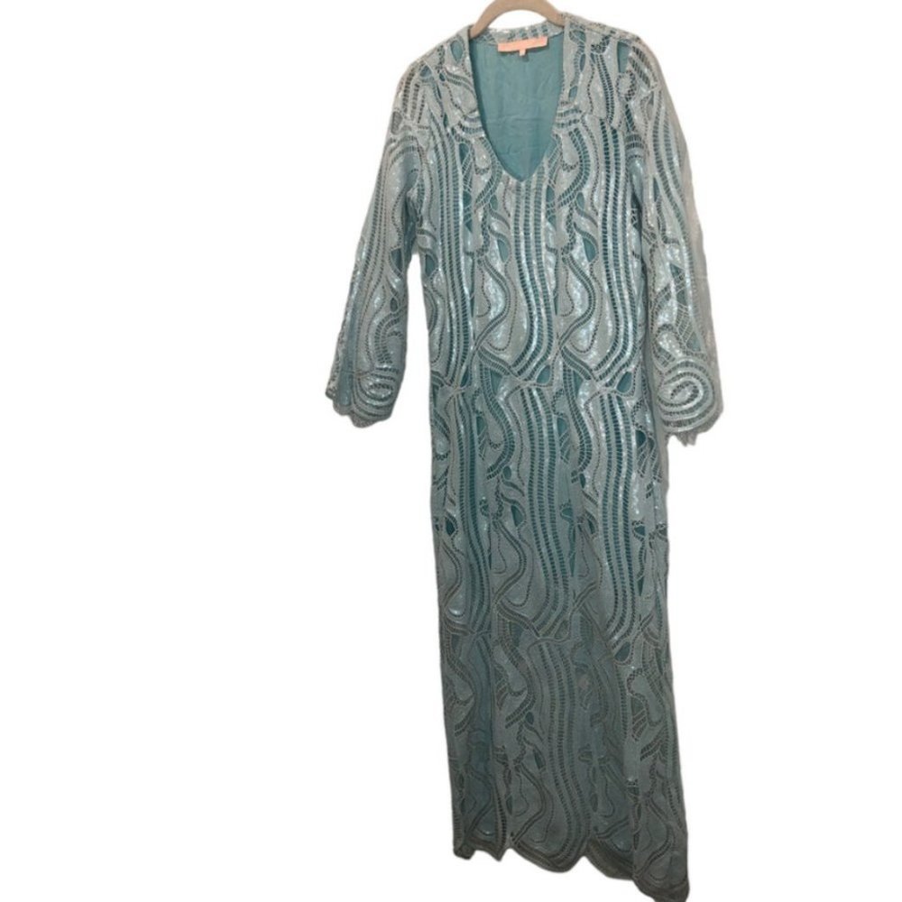 Valerie Khalfon Paris Sea Glass crochet knit Sequin Maxi Cover Up dress, 38